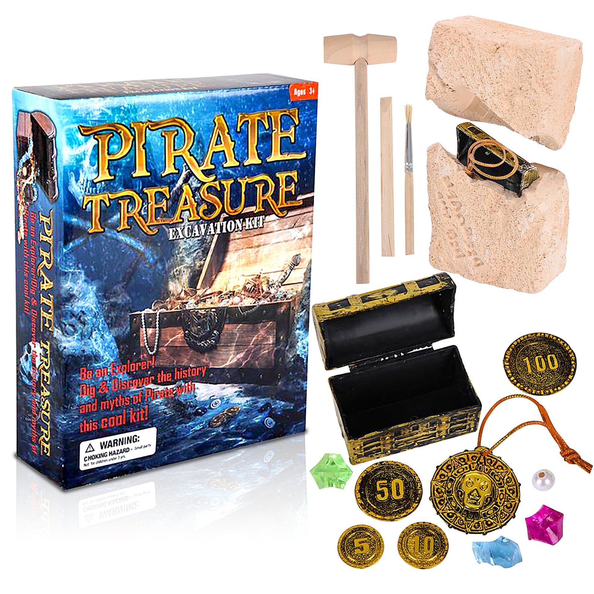 ArtCreativity Pirate Treasure Dig Kit for Kids - Gem Excavation Set with Digging Tools - Interactive Excavating Toys - Great Birthday Gift Idea