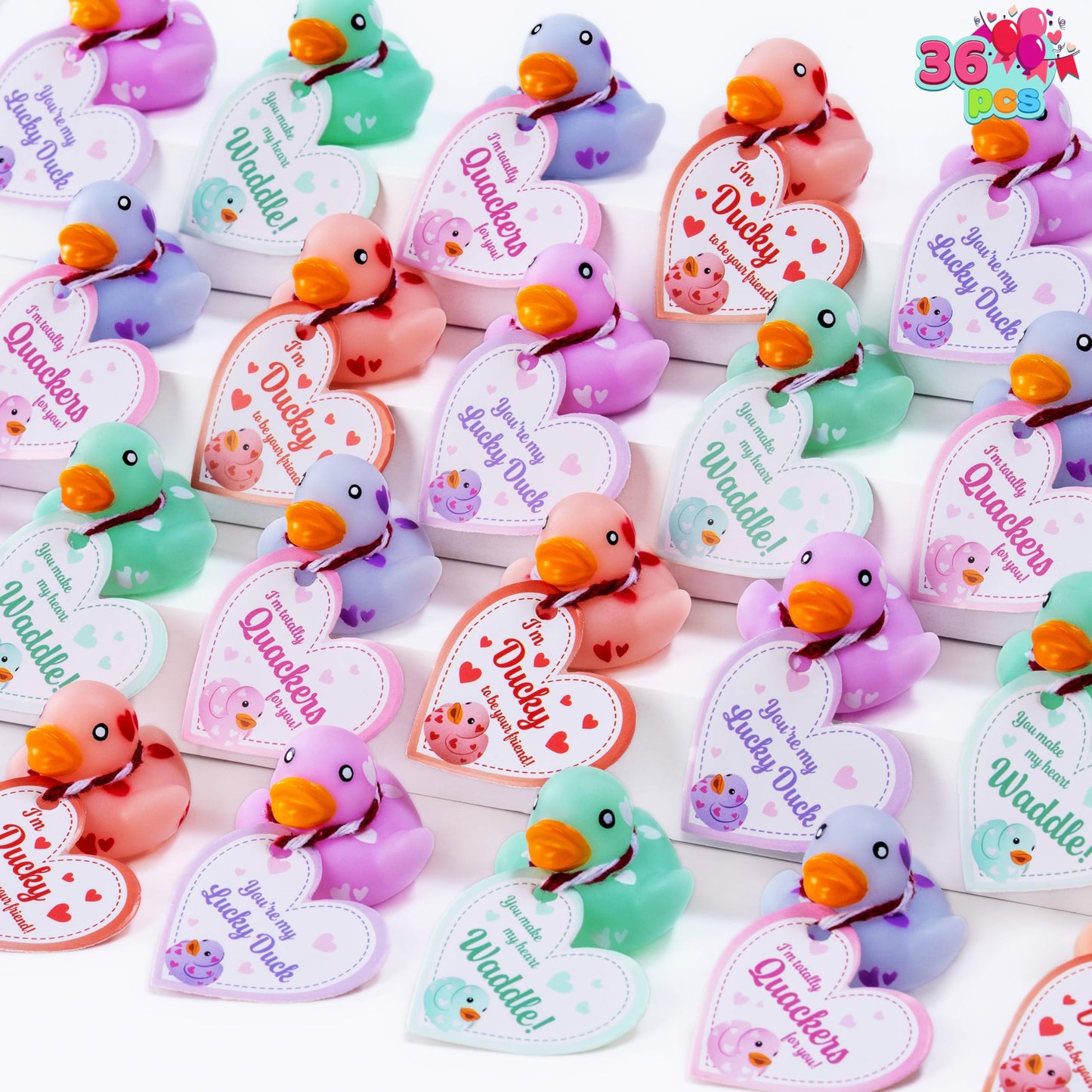 JOYIN 36 Pcs Valentine’s Day Mini Rubber Ducks with Cards for Kids, 4 Colors Duckies Bath Toys with 4 Card Designs for Classroom Exchange Prizes
