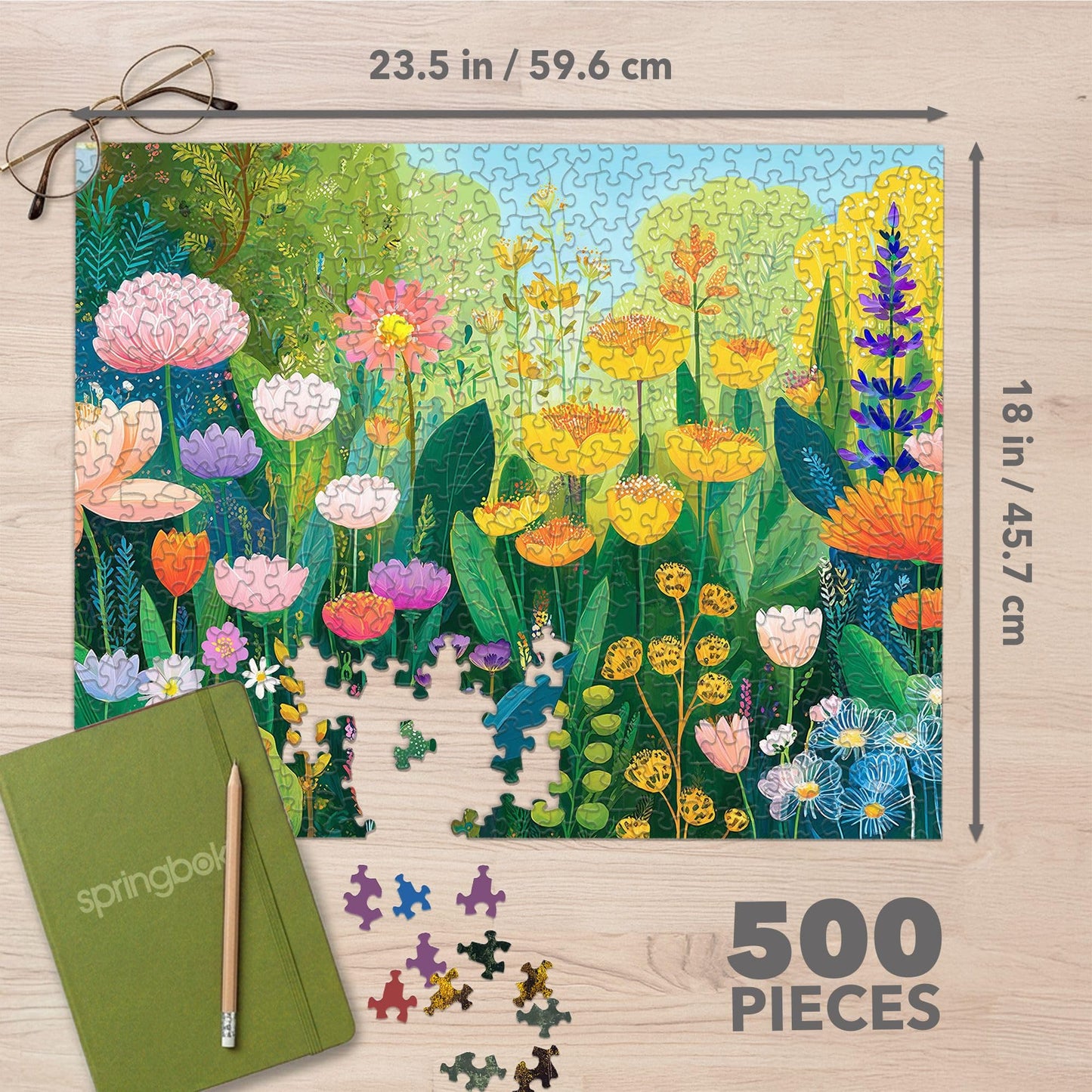 Springbok Watercolor Flowers 500 Piece Jigsaw Puzzle for Adults & Family - Vibrant Floral Garden Artwork - Poster Included - Unique Cut Pieces - Made