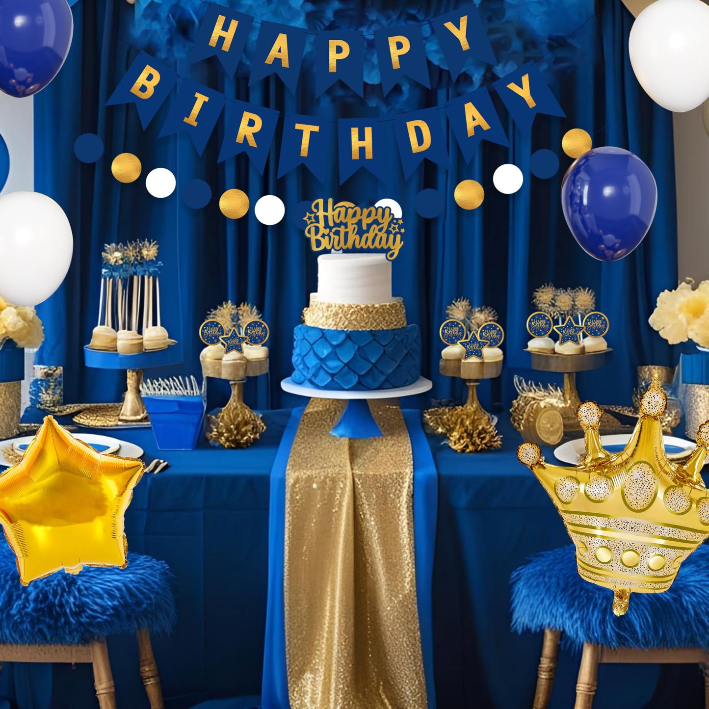 Blue And Gold Birthday Decorations for Men,Fringe Curtains Happy Birthday Banner,Red balloons,Cake Toppers for Boys
