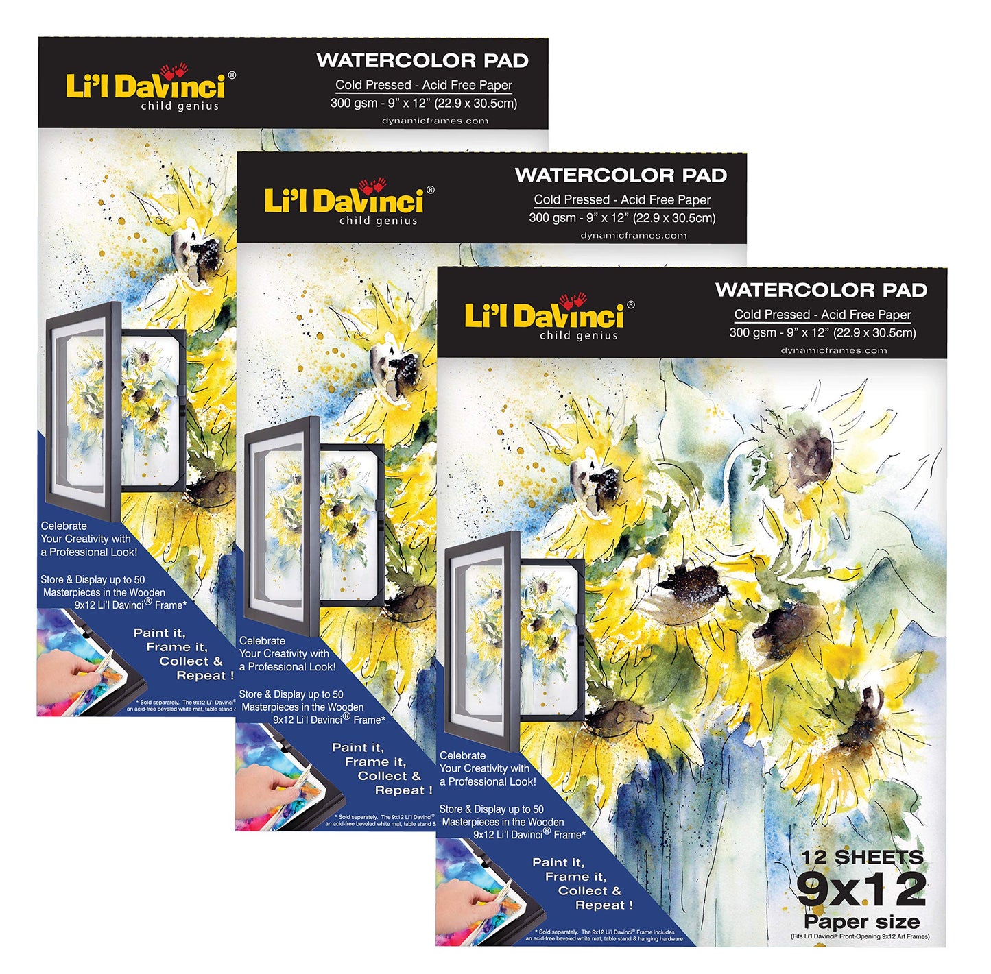 Li'l Davinci 9x12 Watercolor Pad, 12 Sheets, 300gsm Cold Pressed, Acid-Free, Heavyweight Paper, Professional-Grade Paper for Watercolor, Ink,