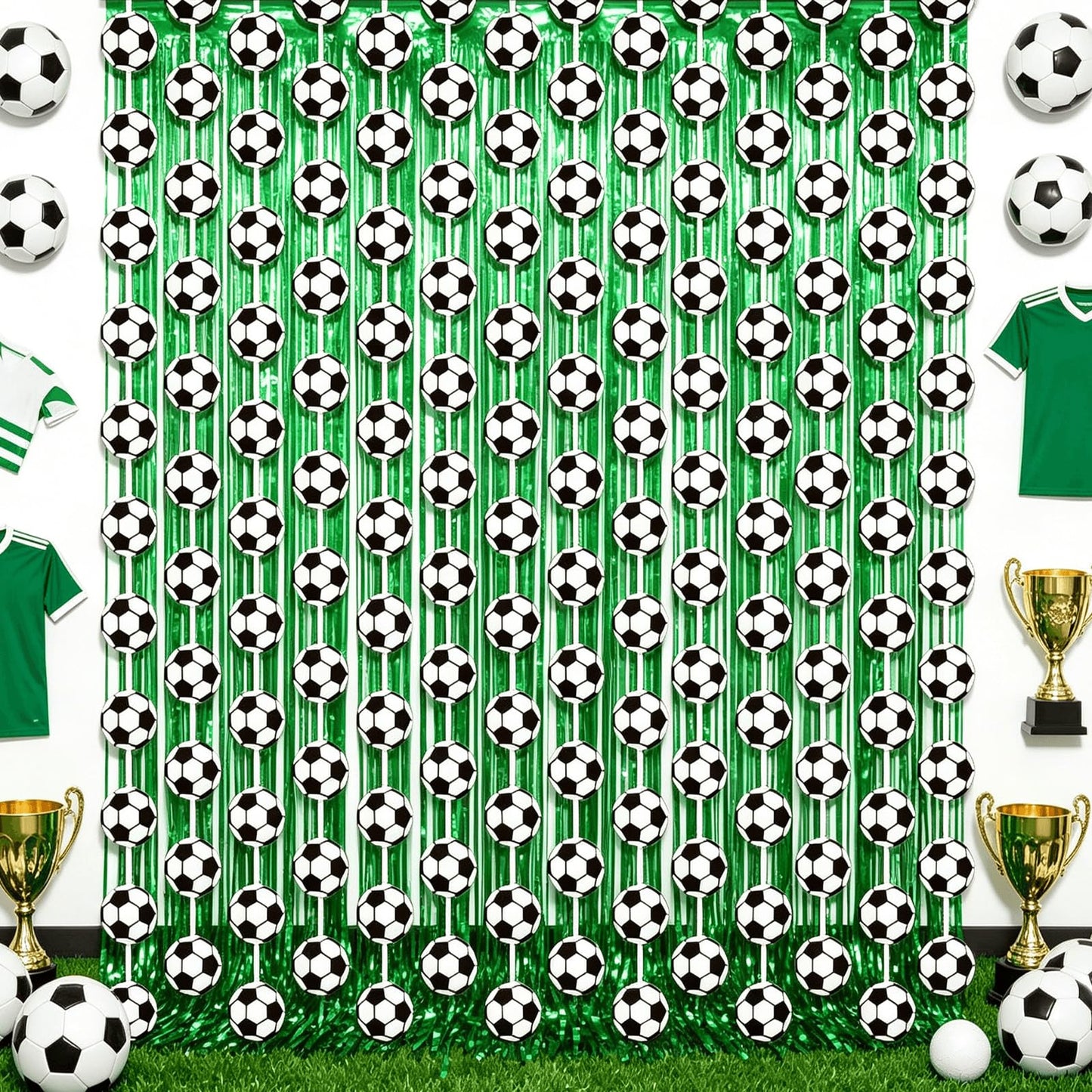 Soccer Party Decorations - Green Silver Streamers Backdrop Banner, 4 Pack