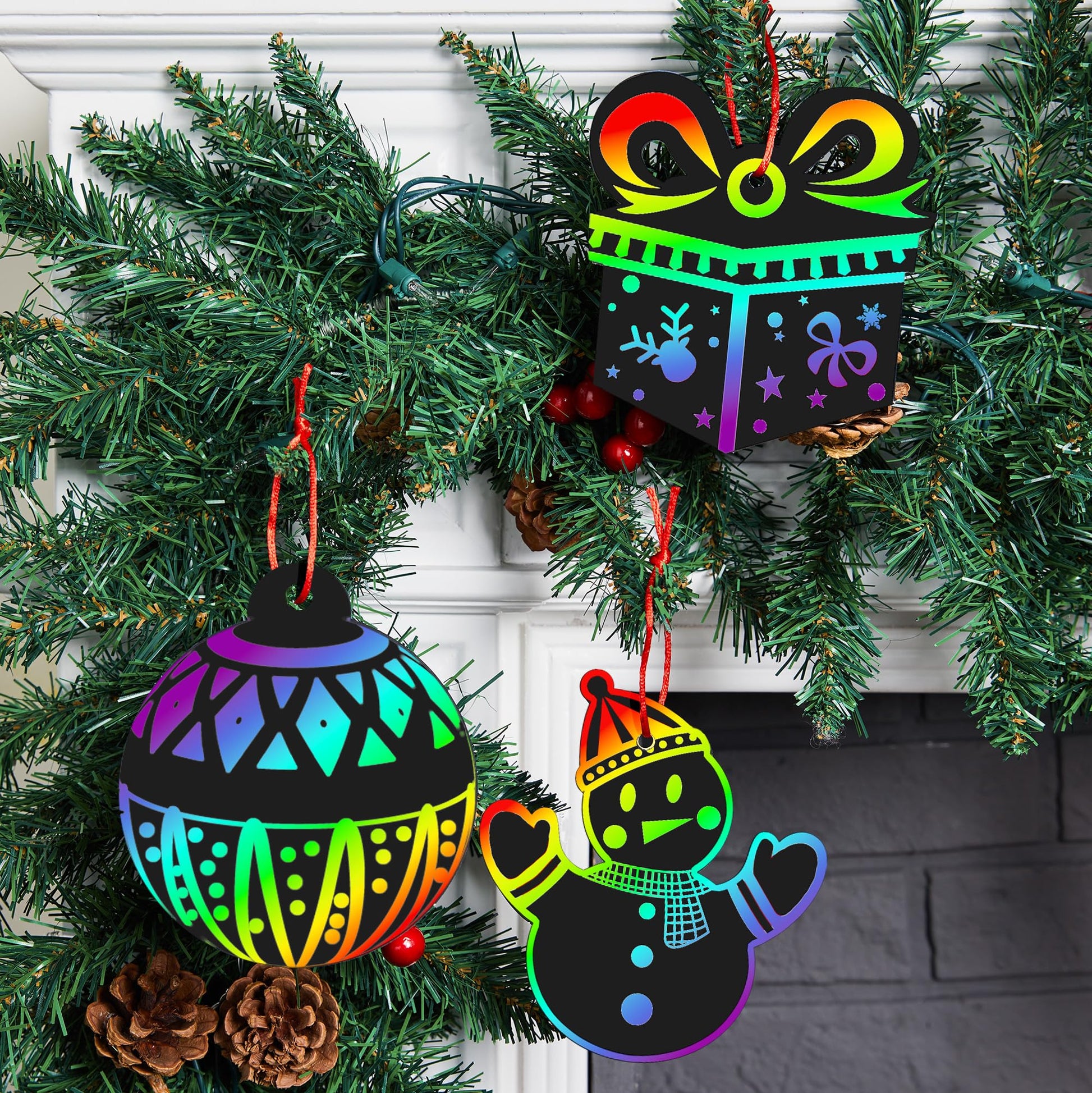 JOYIN 72 Pcs Christmas Scratch Art Ornaments, Rainbow Color Scratch Paper Craft Kit Include Snowman, Christmas Tree, and Reindeer, Scratch Off Hanging