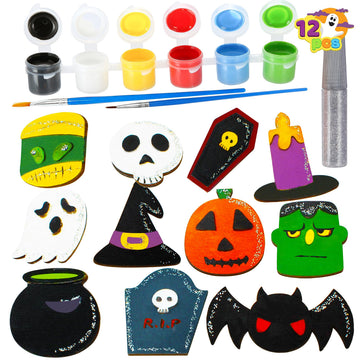 JOYIN 12 pcs Halloween Wooden Painting Crafts Kit, Creativity Painting Kit Includes 2 Color Pens for Kids Paint Gift, Family Activities Party Favor