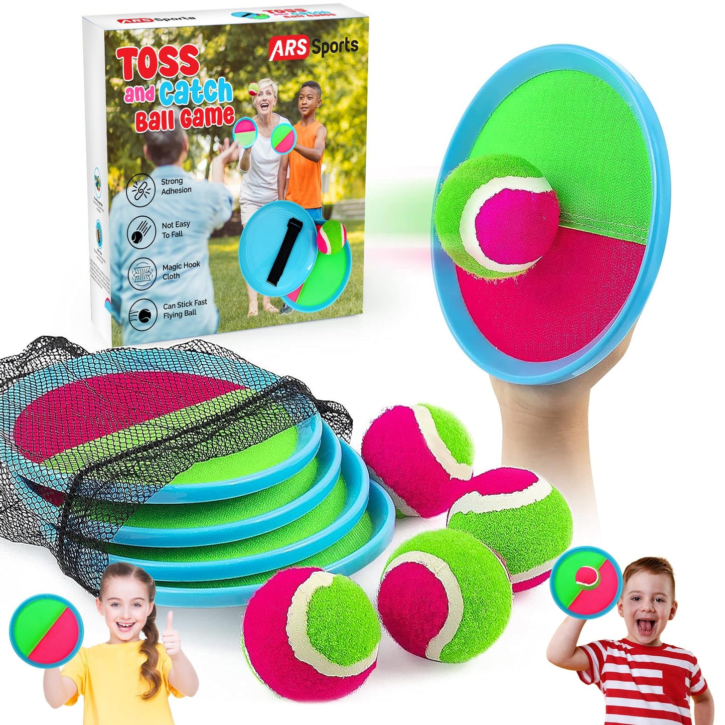 ARS Sports Kids Toys Toss and Catch Ball Game Set, Classic Outdoor Games with 4 Paddles 4 Balls and 1 Storage Bag, Beach Games, Yard Games, Kids