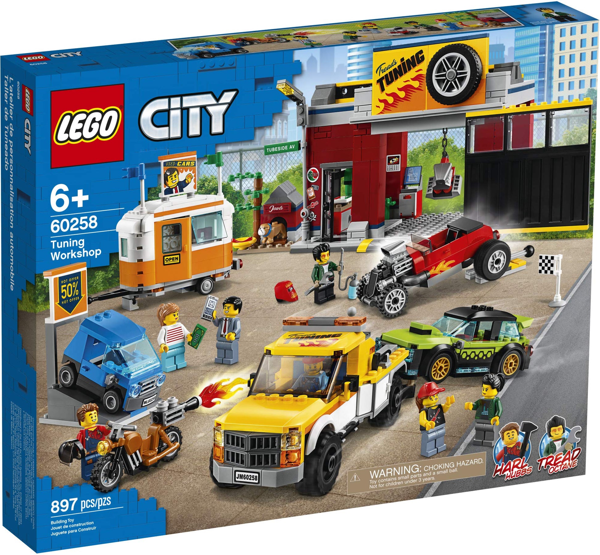 LEGO City Tuning Workshop 60258, Features a Toy Garage, Car Shop, Camping Trailer, Motorcycle, Crane and Tow Truck in One Fun Playset, Makes a Great