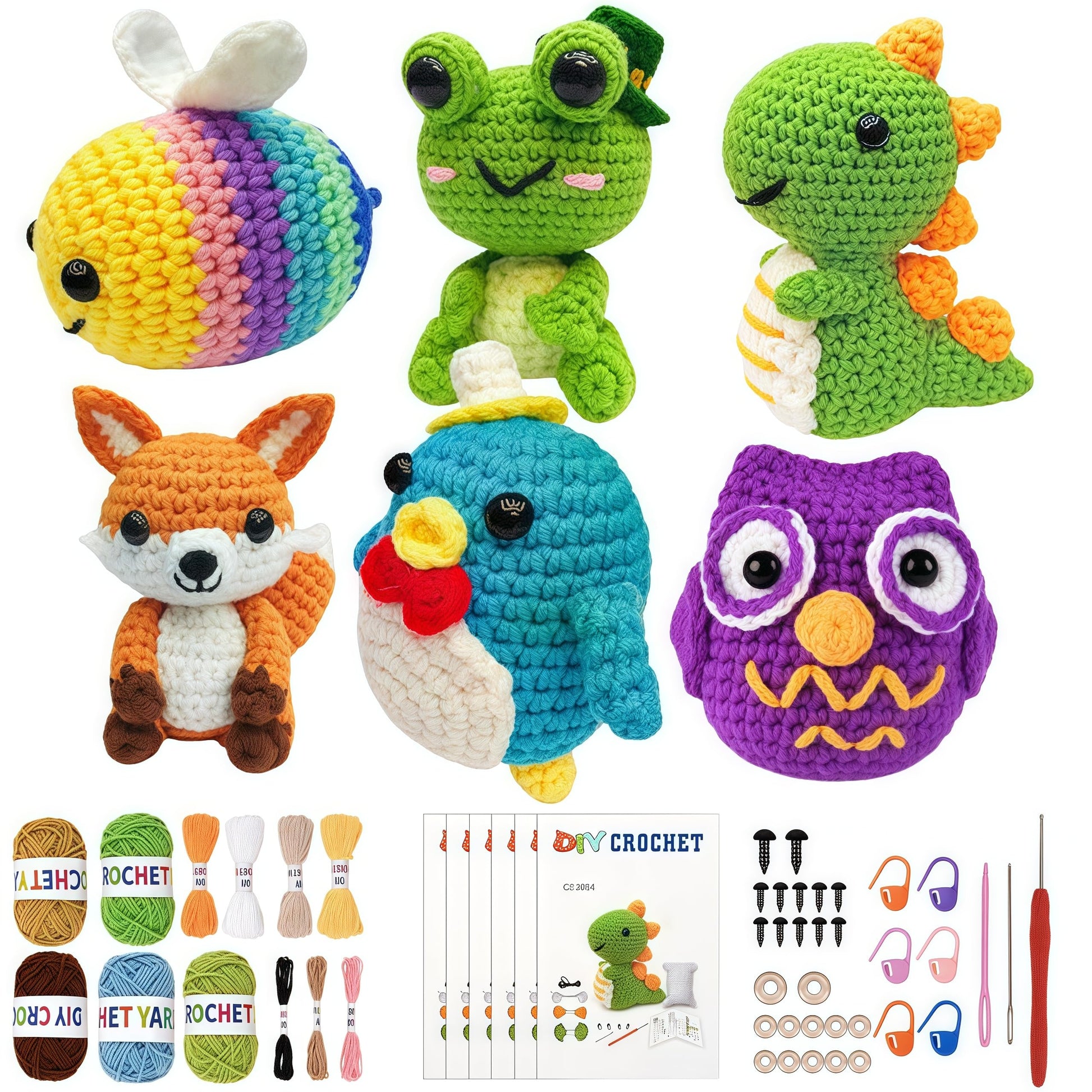 JackCao 6 Pack Crochet Kit for Beginners, 2026 DIY Craft for Adults, Crochet Animal Plush Kit with Step-by-Step Video Guides Tutorials Birthday Gift