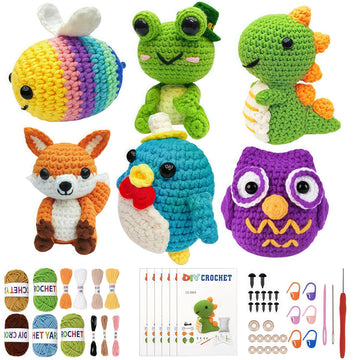 JackCao 6 Pack Crochet Kit for Beginners, 2026 DIY Craft for Adults, Crochet Animal Plush Kit with Step-by-Step Video Guides Tutorials Birthday Gift