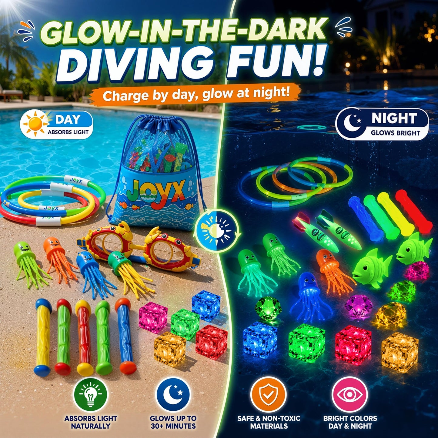 JoyX 35-Piece Glow Pool Diving Toys Set with LED Cubes, Goggles & Carry Bag