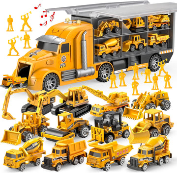 JOYIN 25-in-1 Construction Truck Toy Set with 12 Vehicles & 12 Worker Figures, Push and Go Toy Trucks with Sound and Light, Construction Toys Birthday