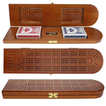 Pacific Shore Games Wooden Cribbage Board Game Set, Walnut Stained Continuous 3 Track for 2-3 Players, Card Storage