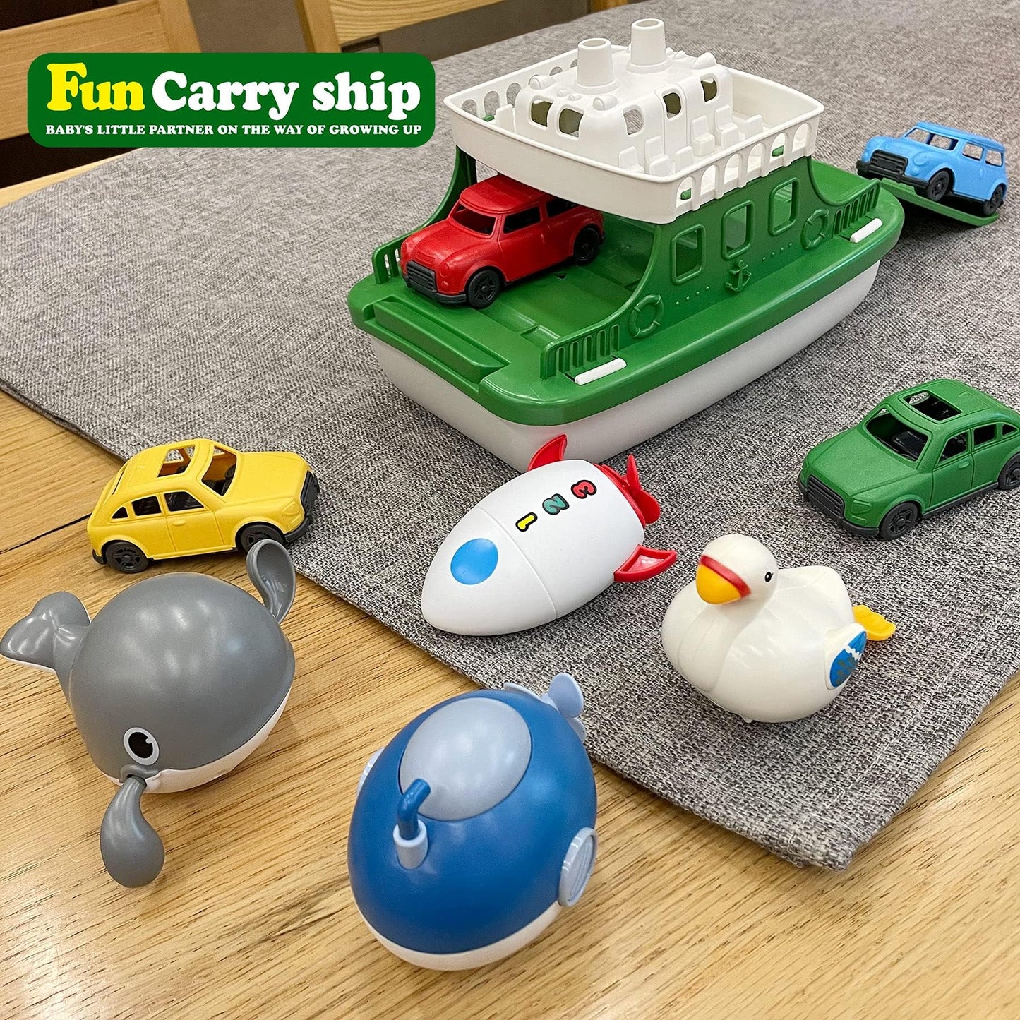 OKGIUGN Ferry Boat with 4 Car and 4 Wind Up Bath Swimming Toys, Kids Bath Toy Floating Vehicle Whales Submarines Swans Rockets, Bathtub Bathroom Pool