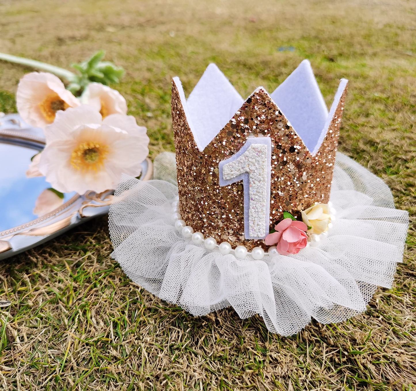 Agkvw Crown for Girls' First Birthday, Rose Gold 1st Birthday Hat, Flower Tutu Crown, Cake Smash Props, Decorations for Girls