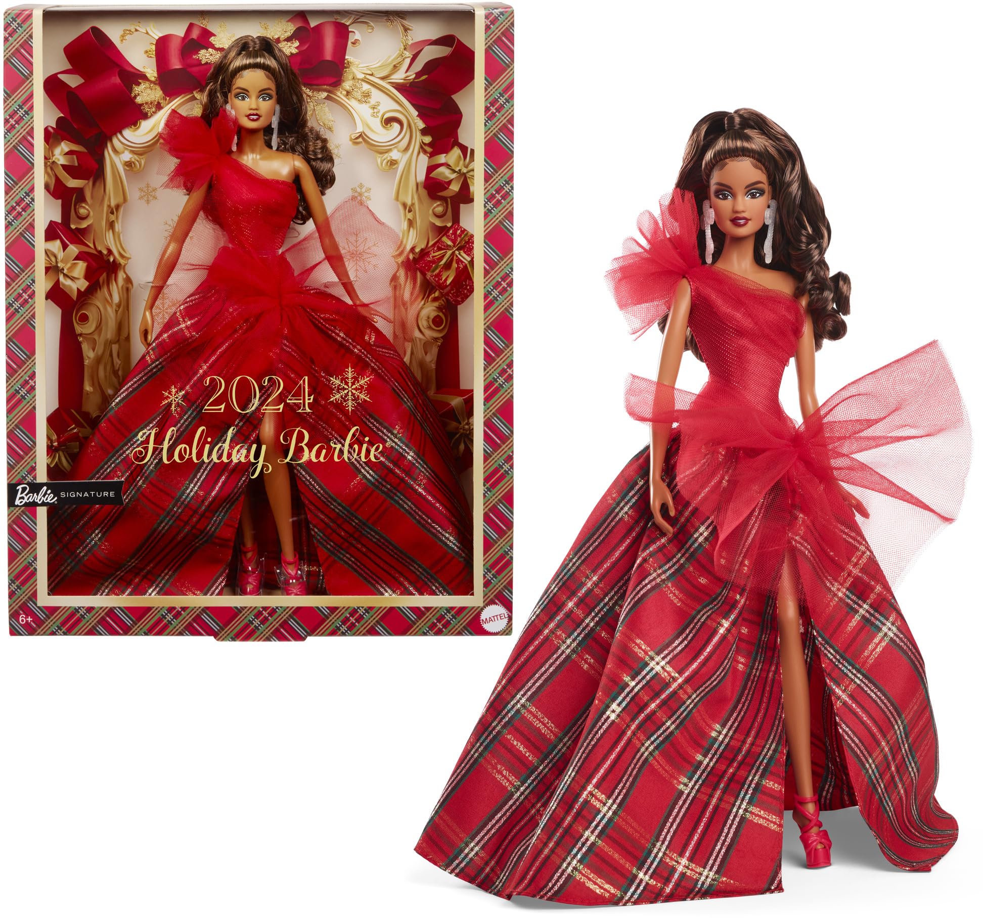 Barbie Signature 2024 Holiday Doll with Light Brown Hair in Plaid Gown, Collectible Toy in Displayable Packaging