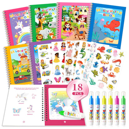 6P Water-Reveal Coloring Book for Toddlers-Mess Free Reusable Water Painting Pad with Pen,6 Fun Themes for Boys & Girls,Travel Activities,Party