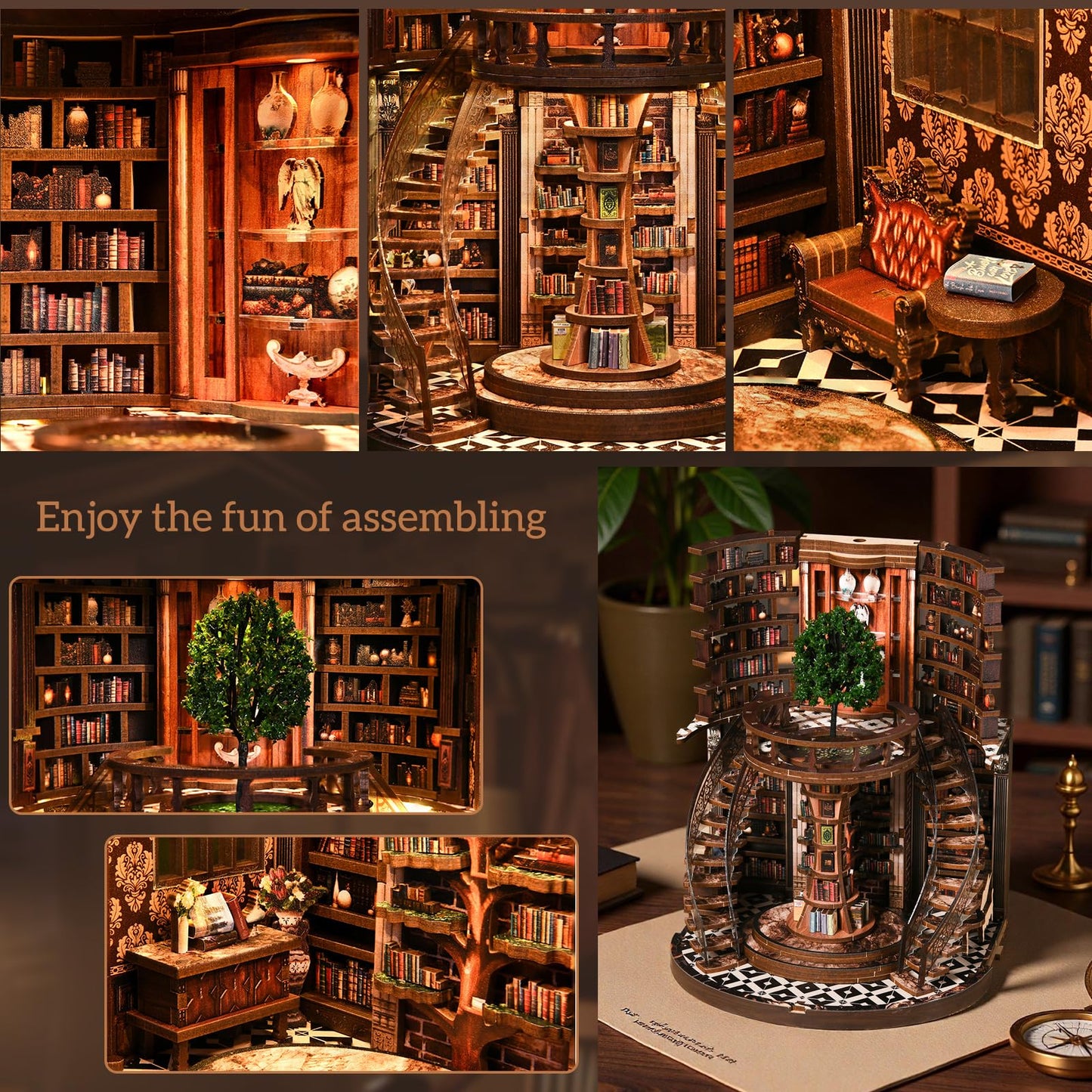 Book Nook Kit for Adults - DIY Miniature Wisdom Library Dollhouse, Book Nook Tiny House Bookshelf Decor Creative 3D Wooden Puzzle, Wooden Adult Craft