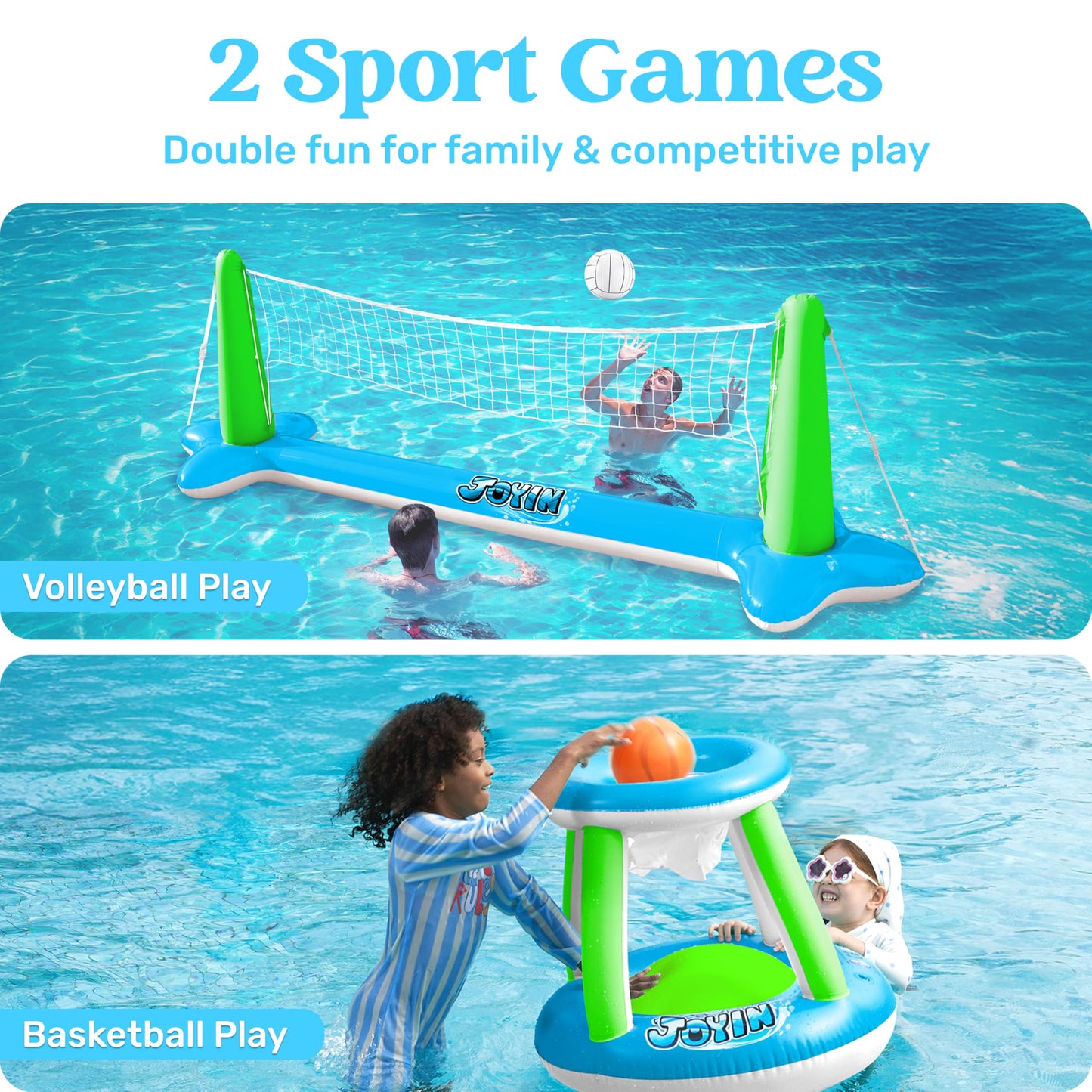 JOYIN Inflatable Volleyball Net & Basketball Hoops Pool Float Set; Balls Included for Kids and Adults, Summer Pool Game, Floaties, Volleyball Court