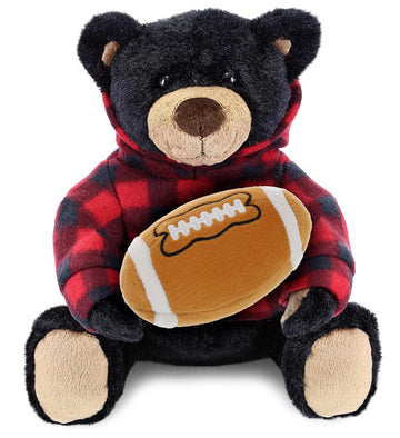 DolliBu Black Bear Stuffed Animal with Football Plush - Super Soft Huggable Bear with Red Plaid Hoodie, Plush Toy Wildlife Gift for Kids and Adults