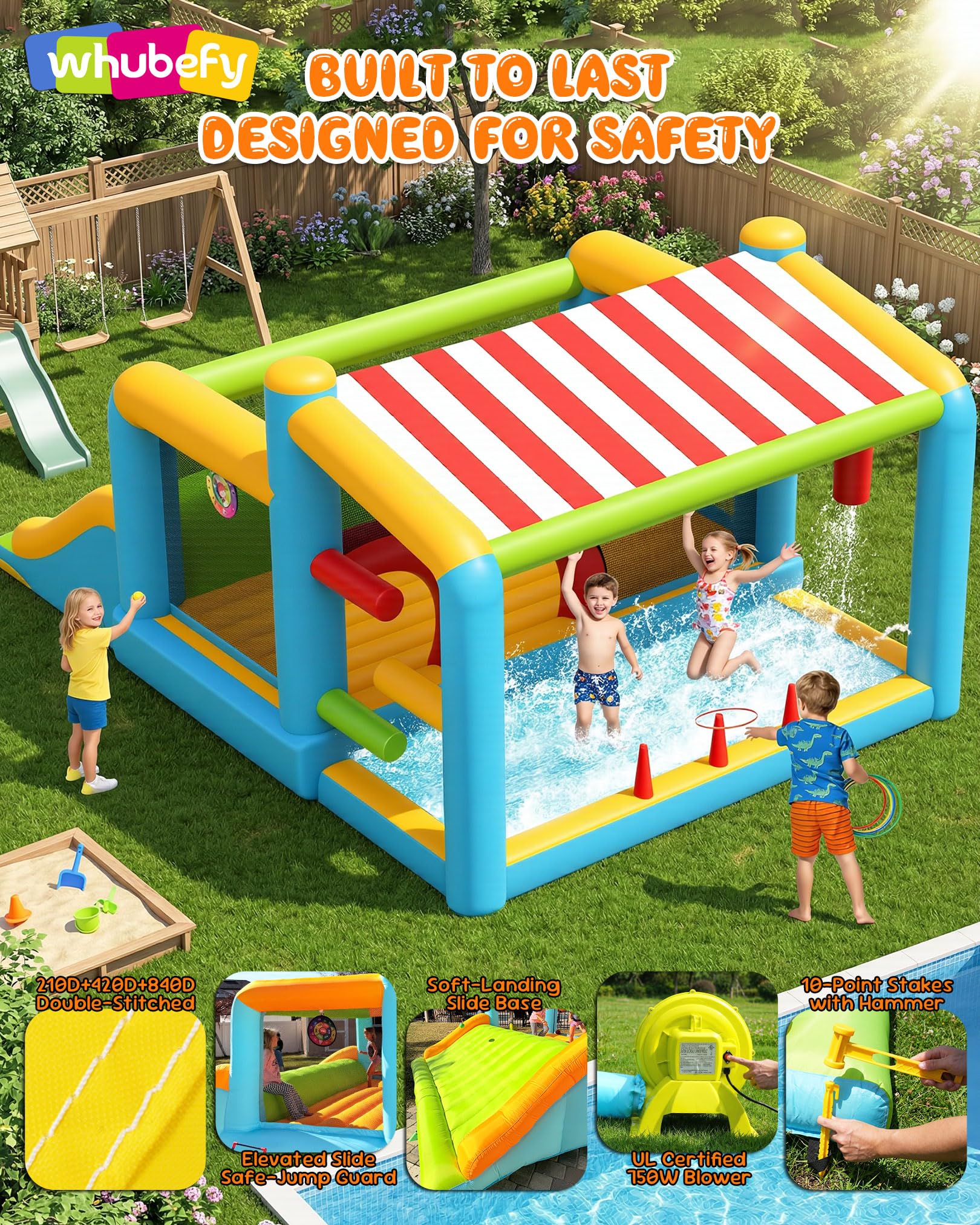 Whubefy 15-in-1 Bounce House with Large Slide and Ball Pit/Water Pool for Kids 3-12, 16.1' x 11.5 'x 8' Giant Inflatable Bouncy Castle with Sun Shade