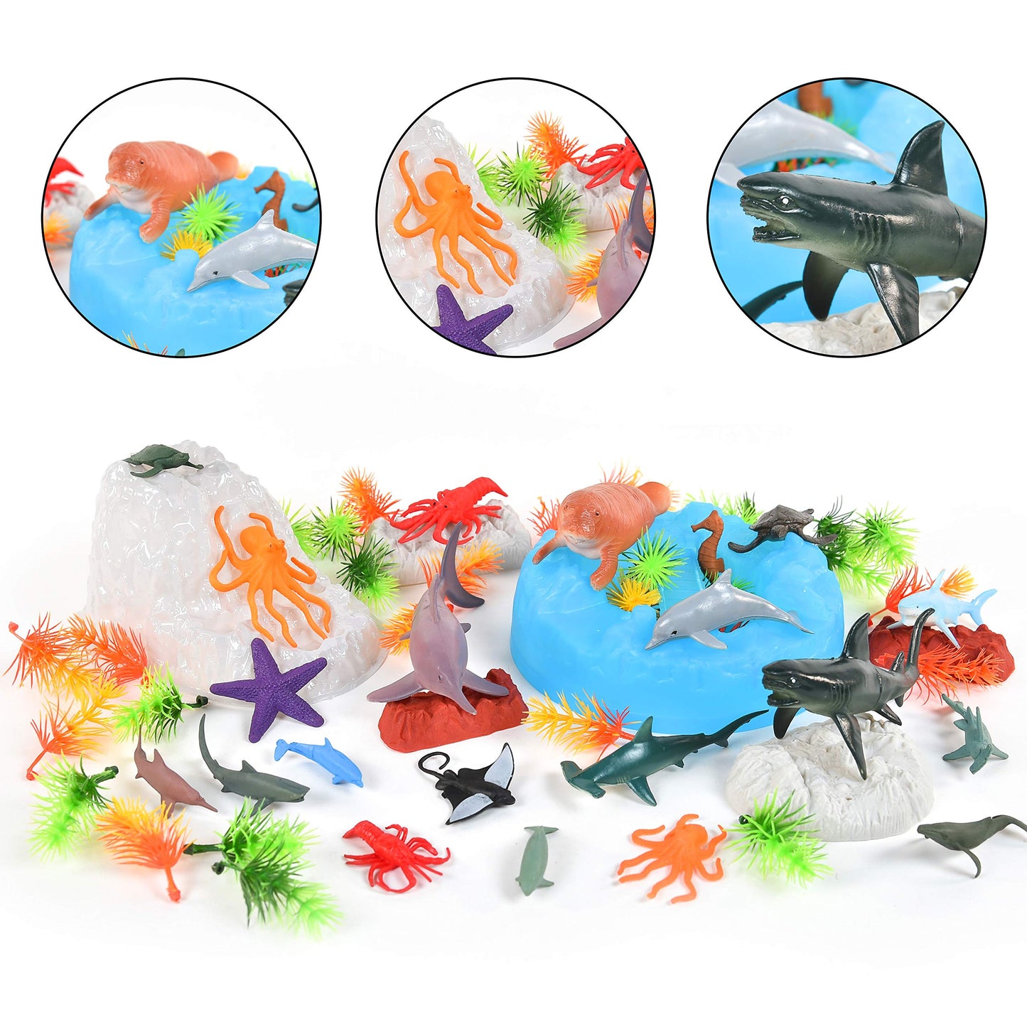 Sunny Days Entertainment Sea Creature Bucket - 56 Piece Toy Play Set for Kids | Aquatic Animals Plastic Figures Playset with Storage Bucket