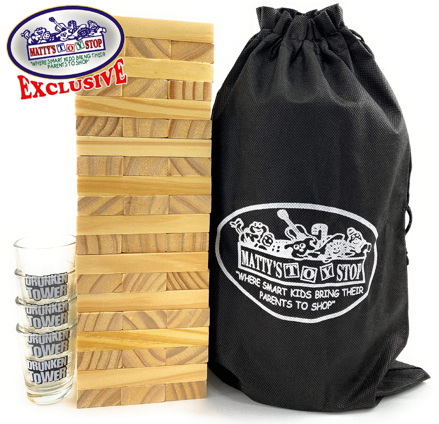 M?tty's Toy Stop Deluxe 60pc XL Wood Drunken Tower The Grab A Piece Drinking Game with Shot Glasses & Storage Bag