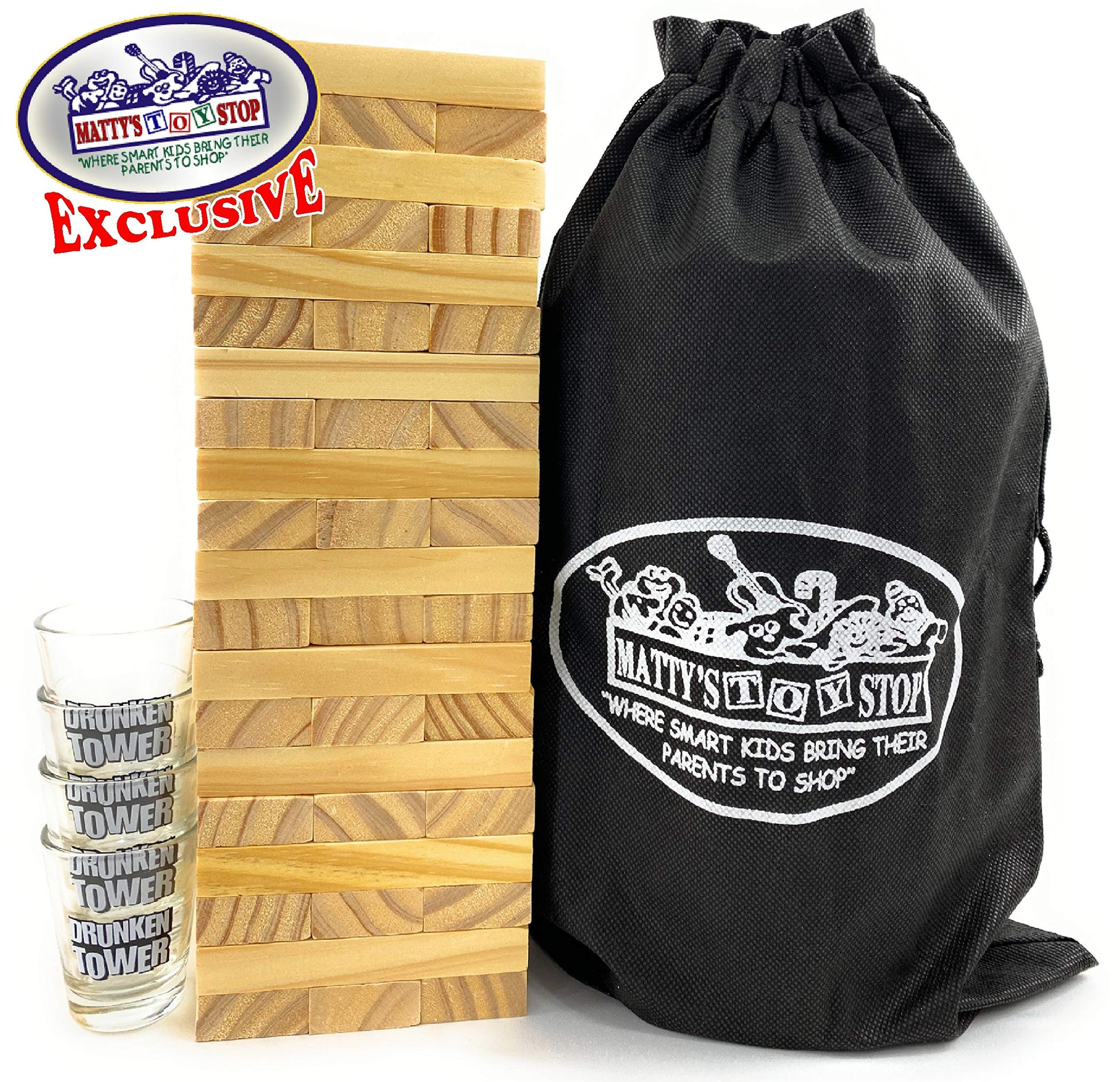 M?tty's Toy Stop Deluxe 60pc XL Wood Drunken Tower The Grab A Piece Drinking Game with Shot Glasses & Storage Bag