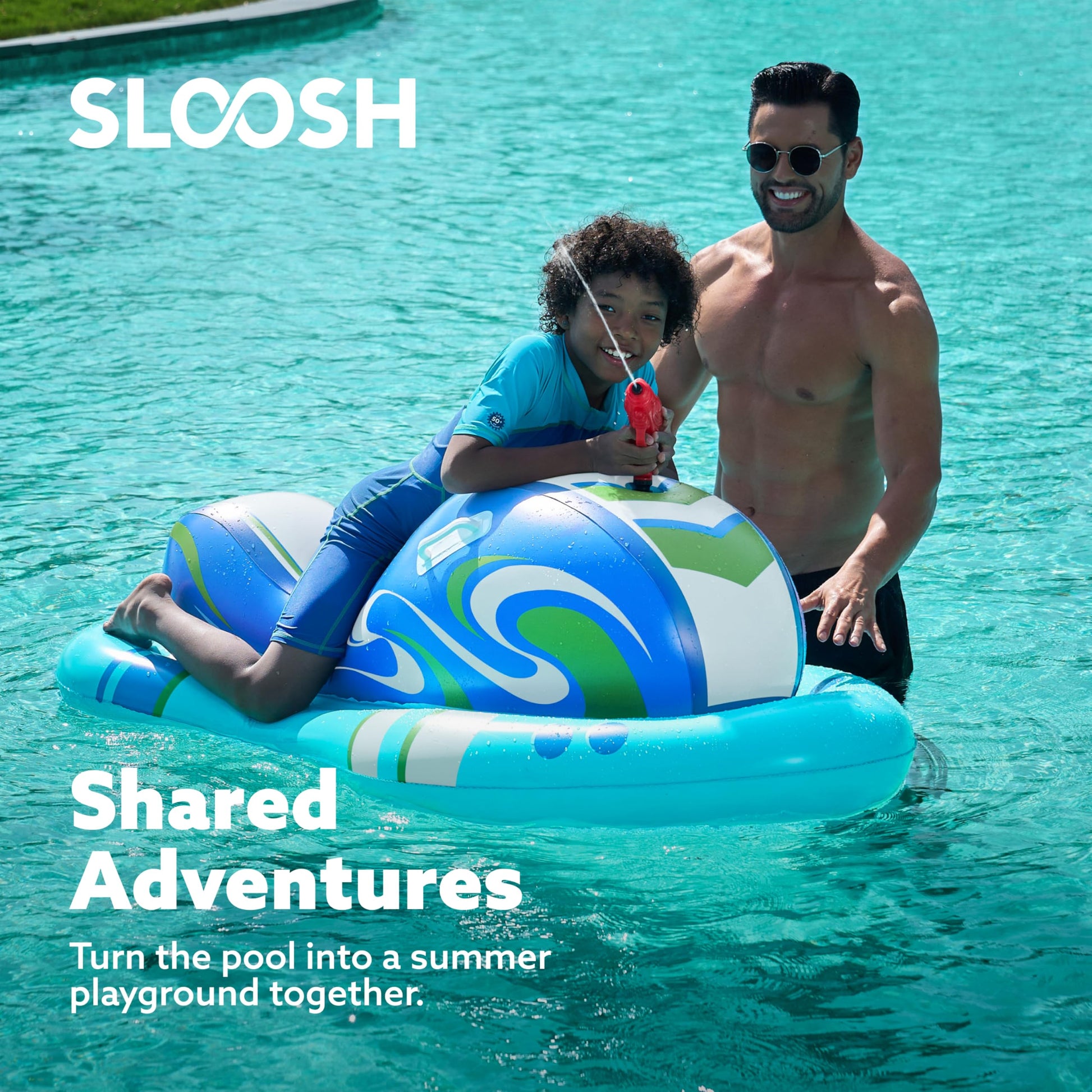 SLOOSH Inflatable Jet Ski Pool Floats Kids, Pool Floaties with Water Gun, Water Fight Toys, Inflatable Battle Blaster Fun for Summer(Blue)