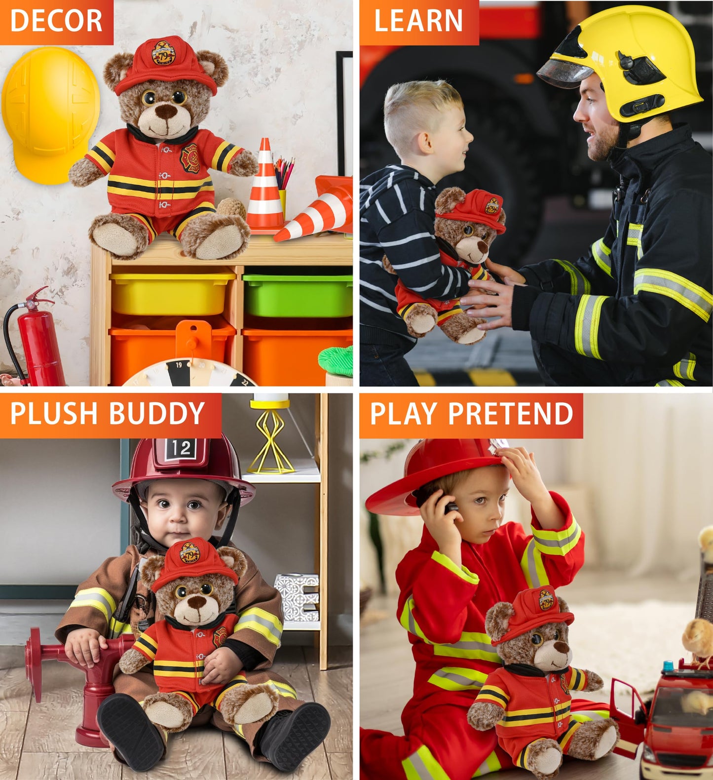 DolliBu Sitting Brown Bear Firefighter Stuffed Animal with Name Personalization - Super Soft Bear with Red Fireman Costume Outfit and Fireman Hat