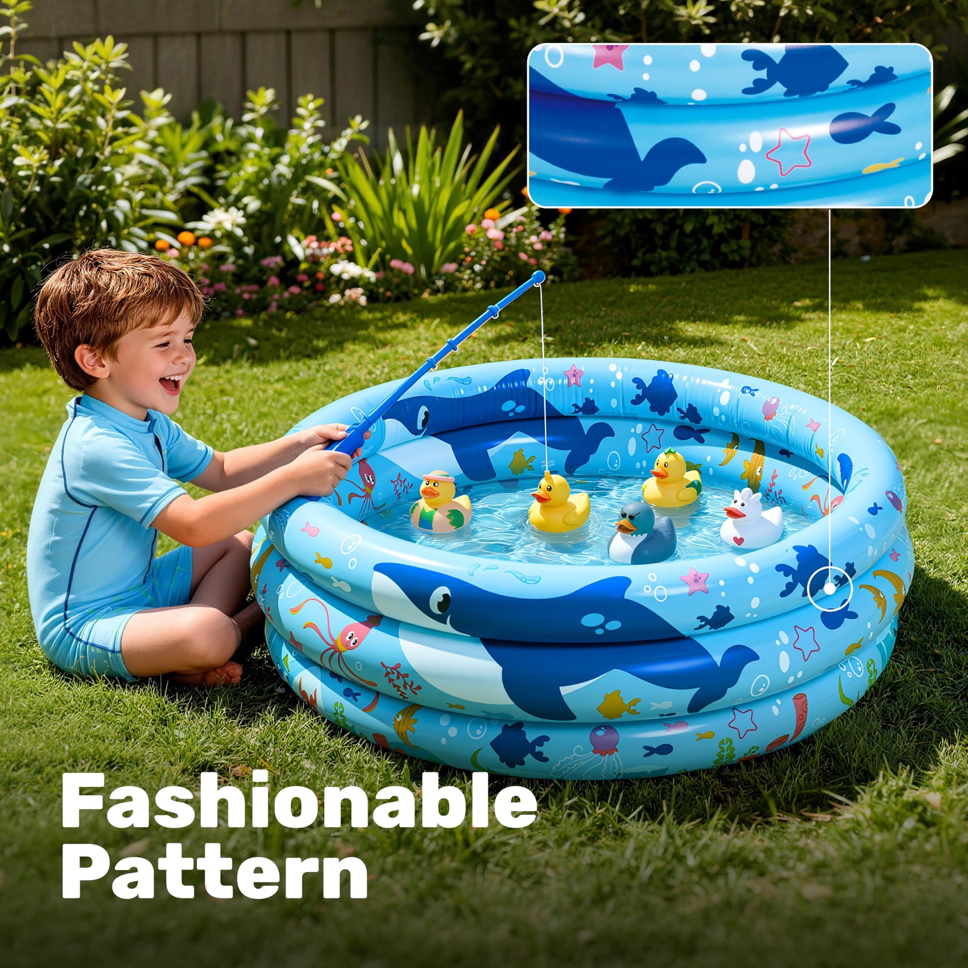 Sloosh Inflatable Kiddie Pool, 34"x10" Blow Up Kid Swimming Pool, 3 Rings Blue Baby Pool for Toddler, Play Pit for Dog with Ocean Whale Pattern