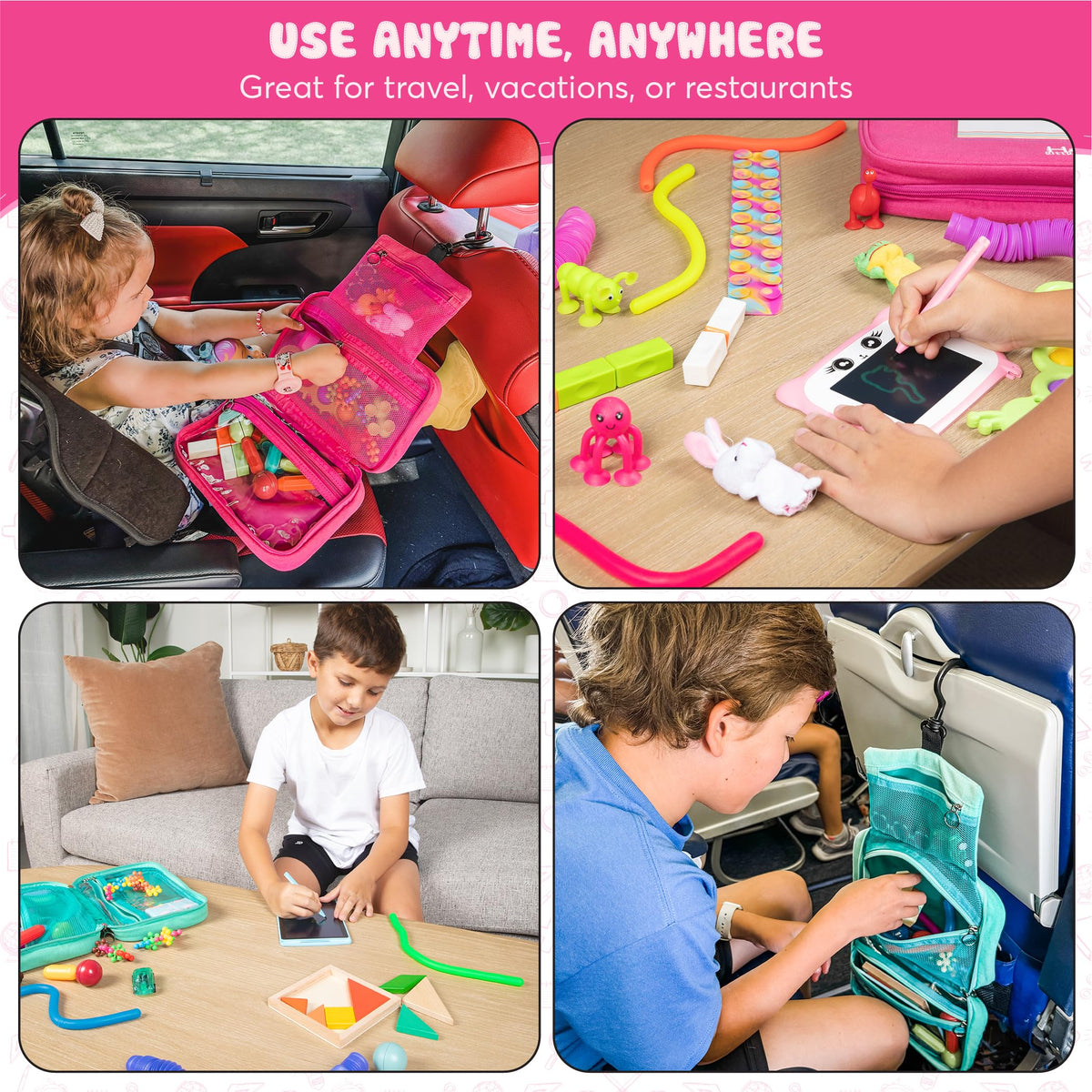 Travel Essentials for Kids - All-in-One Hanging Bag with Kid Toys, Road Trip Activities for Kids, Sensory Toys & Travel Games for Airplane Trips, Car
