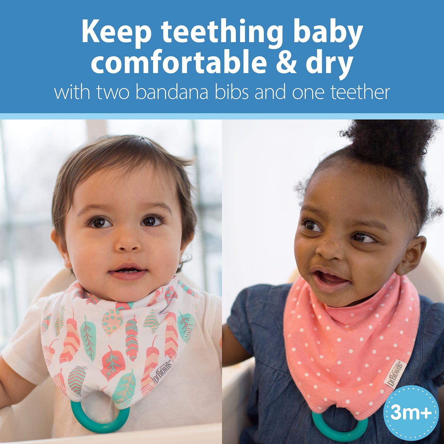 Dr. Brown's Super Soft & Absorbent Baby Bandana Bib with Snap-On Teether, 3m+, 2-Pack, Feathers & Dots