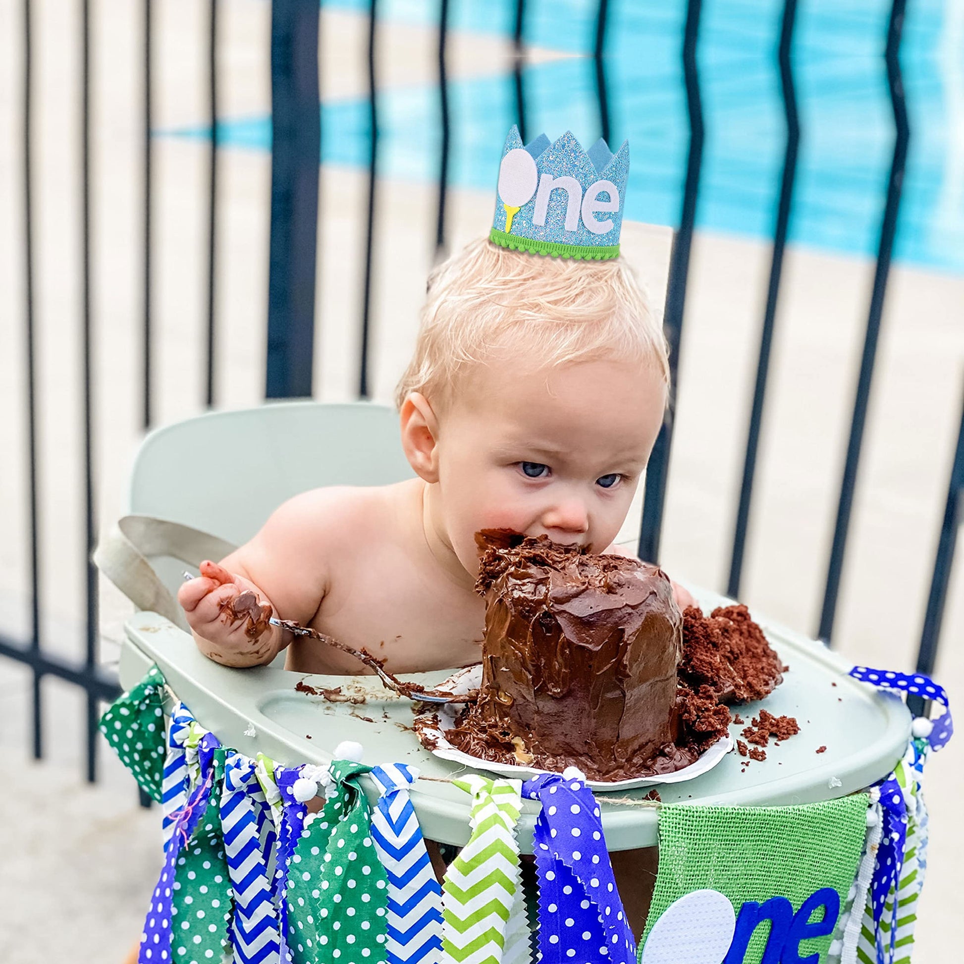 Boys Golf 1st Birthday Party Hat - Cake Smash Hat, Light Blue Stripes, Golf Cart Decal, Our Little All Star, Tee Time Pack