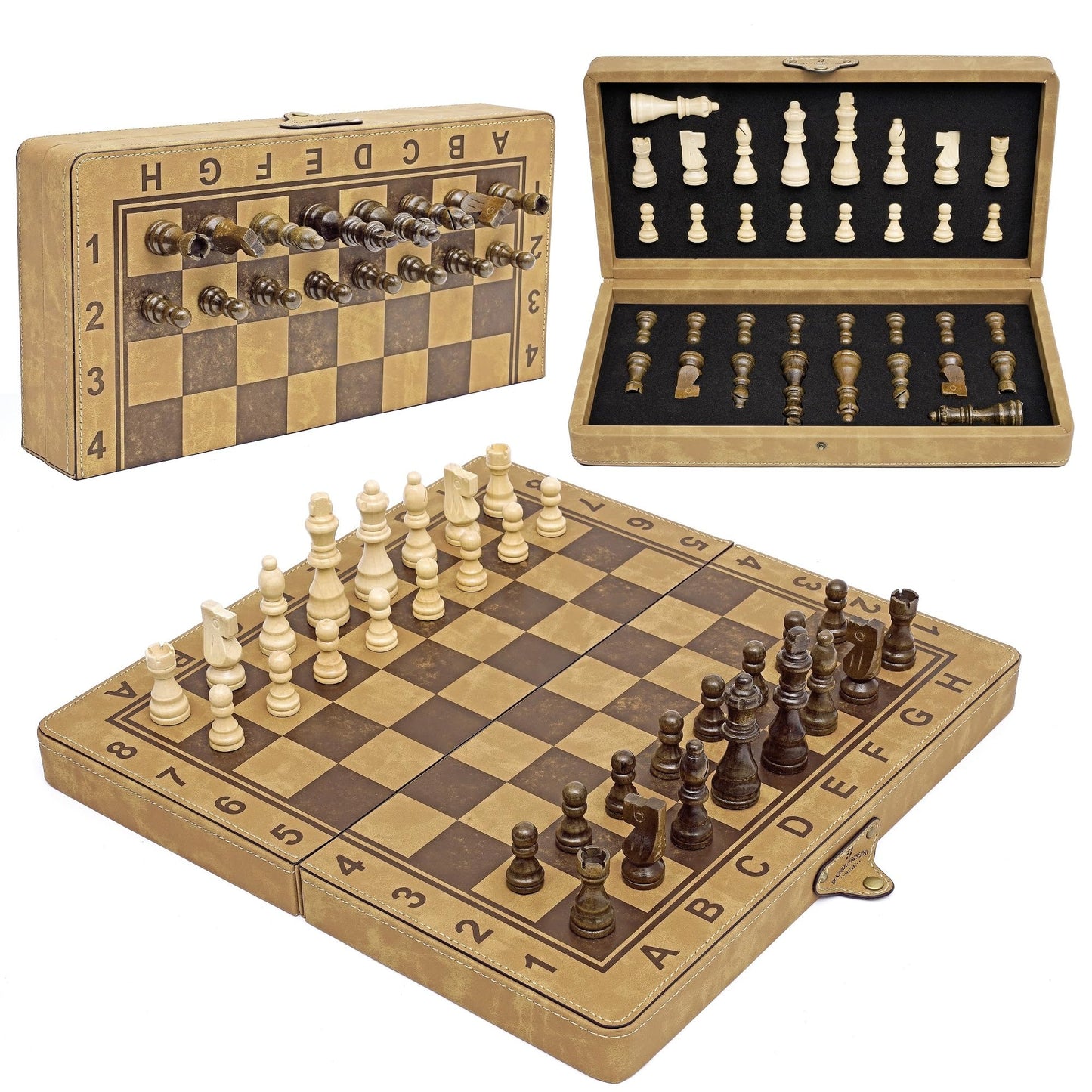 Bucher & Rossini 15-Inch Magnetic Chess Set, Faux Leather Foldable Board with Storage Compartments, Travel Chess Game Set - Classic Board Game
