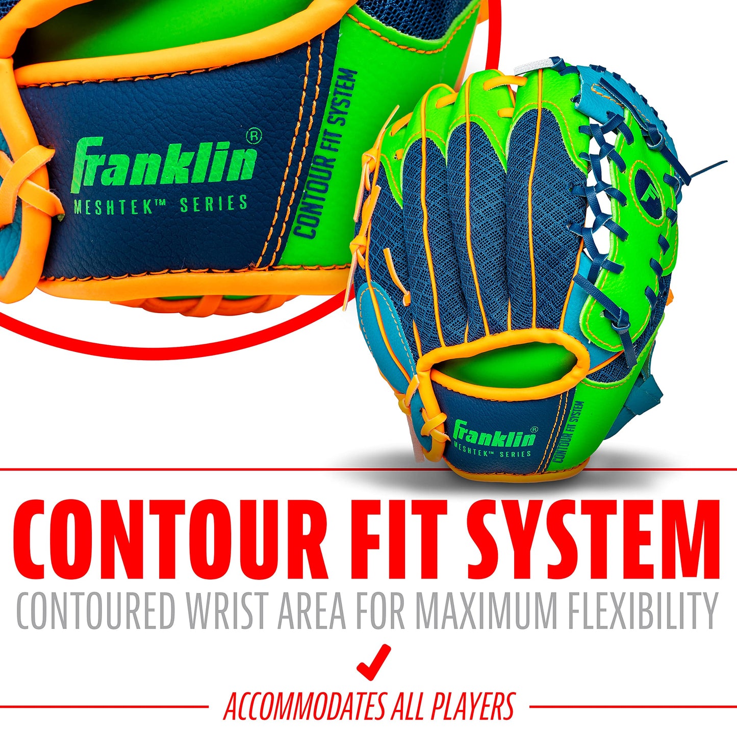 Franklin Sports Teeball Meshtek Gloves, Navy/Lime/Orange, Right Hand Throw, 9.5"