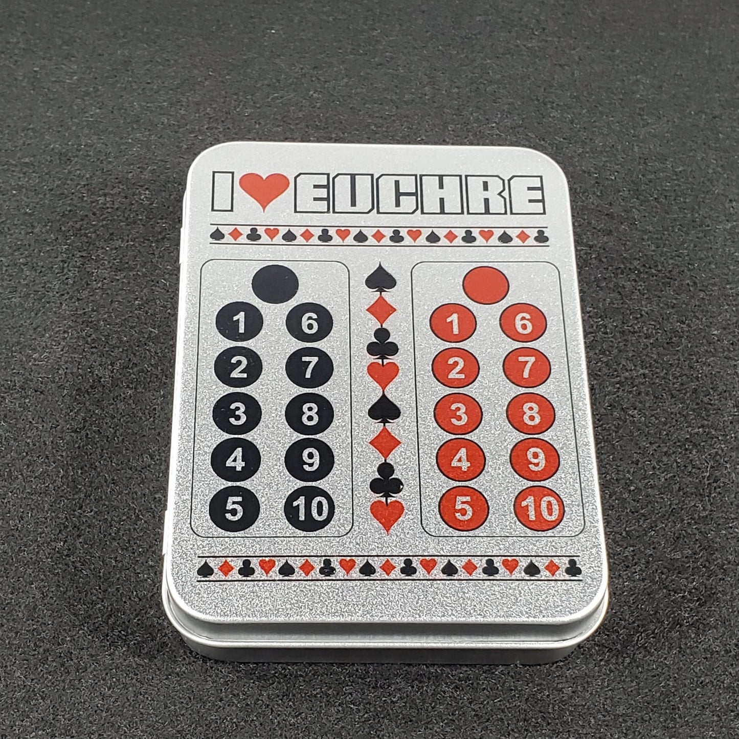 I Heart Euchre Scorekeeper Tin Set with Cards, Magnets, & Wood Suit Cards