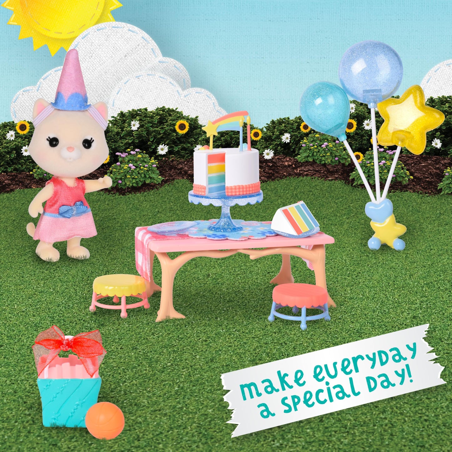 Honey Bee Acres Birthday Wishes Playset, 15 Piece Miniature Dollhouse Party Set with Cat Figure, Rainbow Cake, Balloons & Gift, Pretend Play Birthday