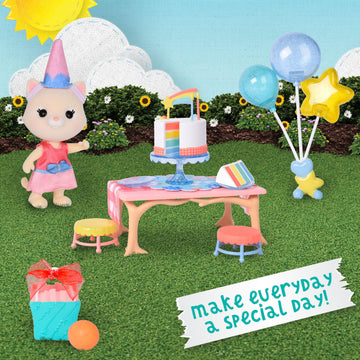 Honey Bee Acres Birthday Wishes Playset, 15 Piece Miniature Dollhouse Party Set with Cat Figure, Rainbow Cake, Balloons & Gift, Pretend Play Birthday