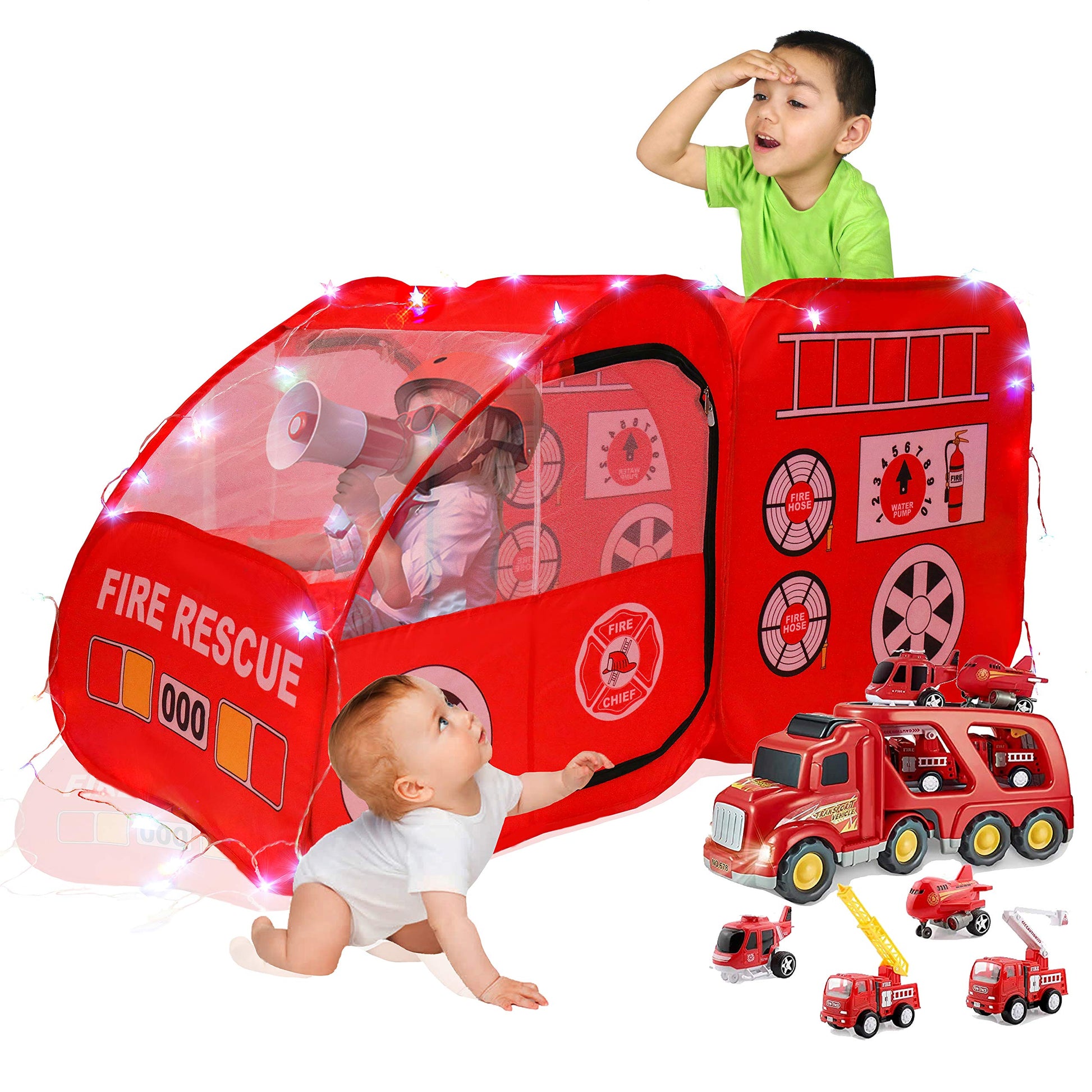 Fire Truck Pop Up Kids Tent & Lights, Children's Firetruck Play House