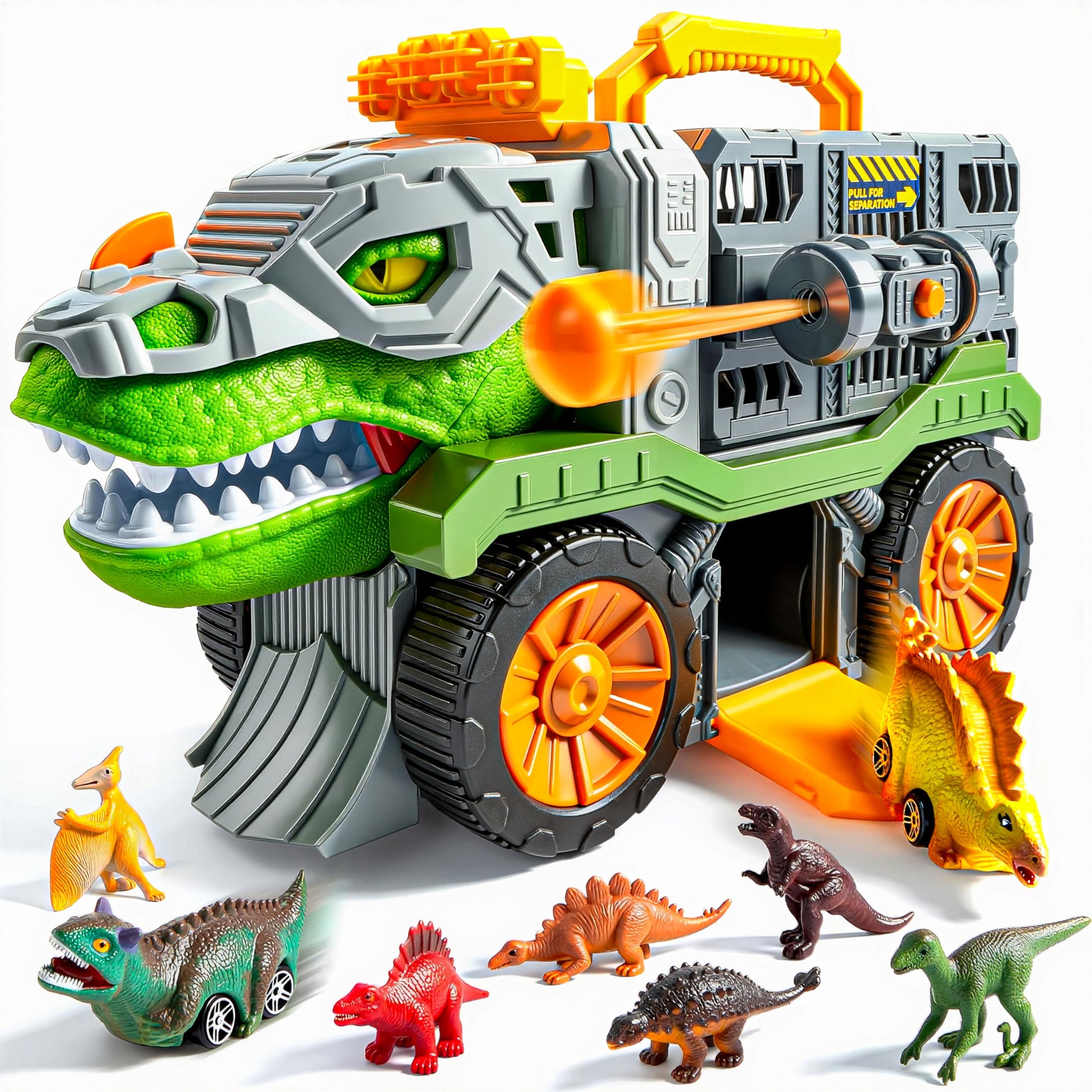 Vroomix JOVA Dinosaur Toys for Kids 3-5, Dinosaur Carrier Truck with 2 Pcs Cars and 6 Pcs Figures for Toddlers, T.Rex Truck with Launcher and Darts