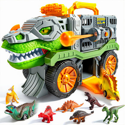 Vroomix JOVA Dinosaur Toys for Kids 3-5, Dinosaur Carrier Truck with 2 Pcs Cars and 6 Pcs Figures for Toddlers, T.Rex Truck with Launcher and Darts