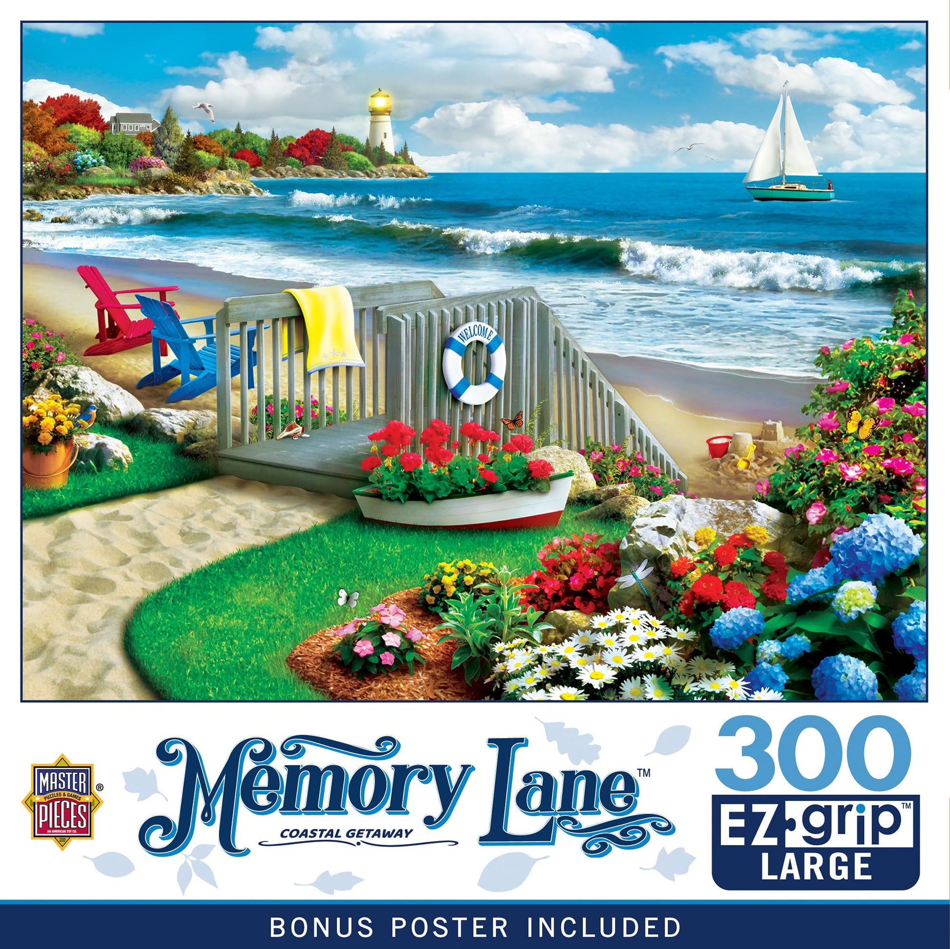 MasterPieces 300 Piece EZ Grip Jigsaw Puzzle - Coastal Getaway Beach Scene - Large Piece Puzzles for Seniors, Adults, and Family - Eco-Friendly