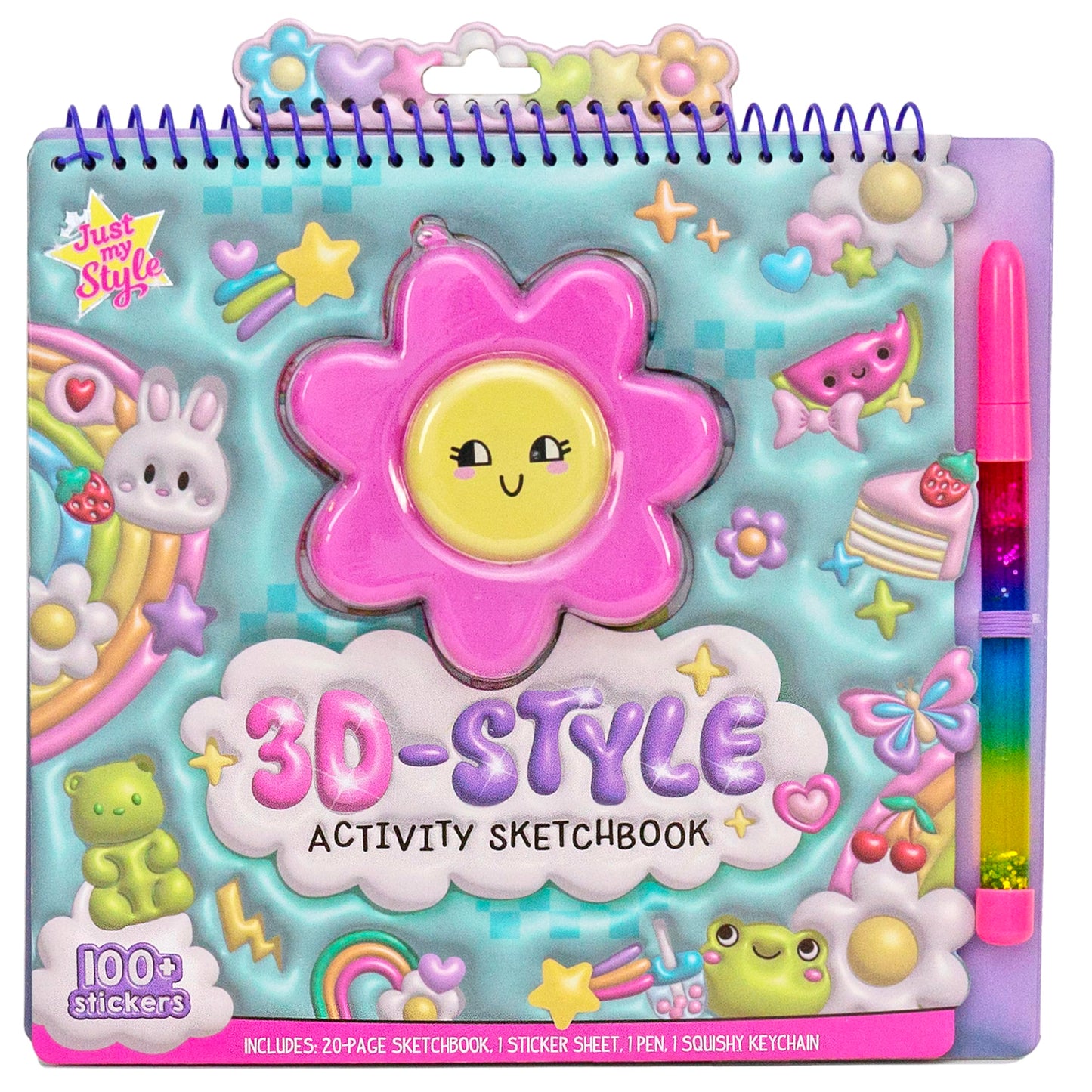 Just My Style 3D-Style Activity Book, 30 Pages of Coloring Activities, Includes Sticker, Glitter-Filled Pen, & Bonus Flower Keychain, Squishy 3D