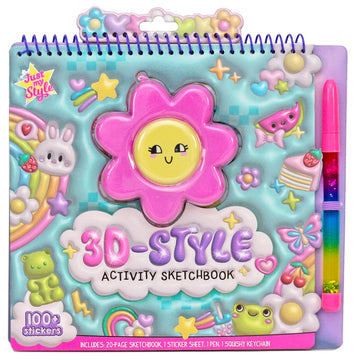 Just My Style 3D-Style Activity Book, 30 Pages of Coloring Activities, Includes Sticker, Glitter-Filled Pen, & Bonus Flower Keychain, Squishy 3D