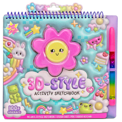 Just My Style 3D-Style Activity Book, 30 Pages of Coloring Activities, Includes Sticker, Glitter-Filled Pen, & Bonus Flower Keychain, Squishy 3D