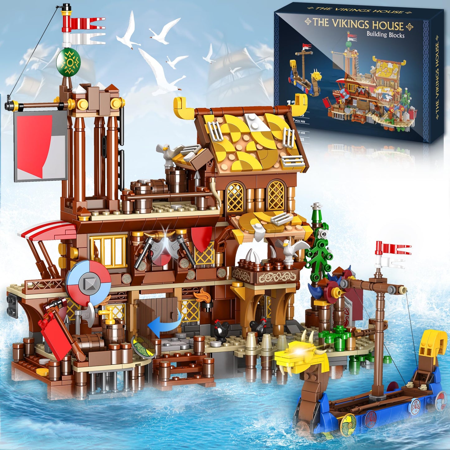 Viking Pirate Ship House Building Block for Boys age 12-14, Friend Medieval Viking Village Building Set with Dragon Head Ship, Architecture Building
