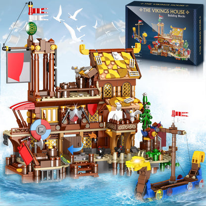 Viking Pirate Ship House Building Block for Boys age 12-14, Friend Medieval Viking Village Building Set with Dragon Head Ship, Architecture Building
