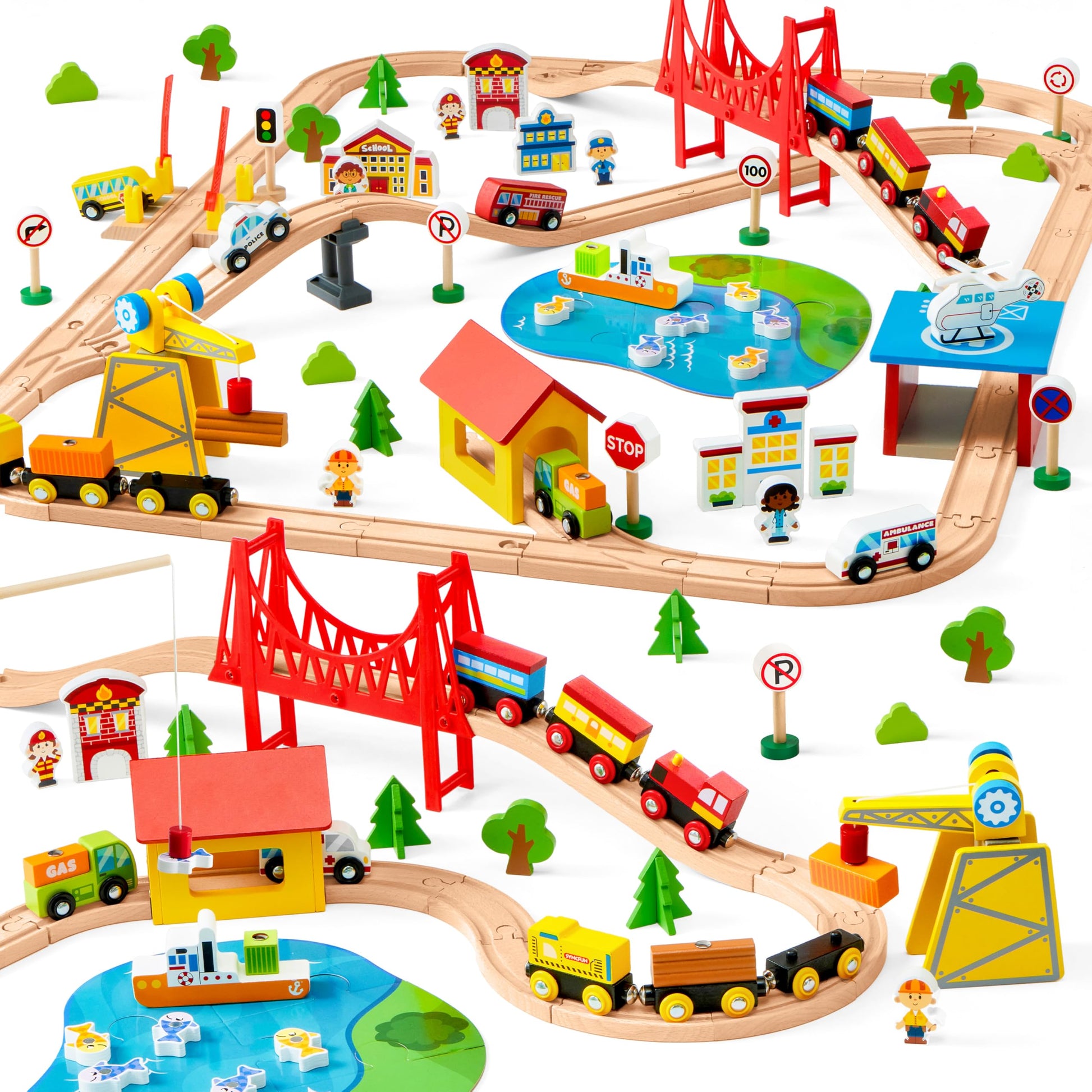 110PCS Wooden Train Set - Toy Magnetic Trains with Wooden Track Set for Kids Ages 3-8, City Scene Railway Set, Perfect Easter Birthday Gift