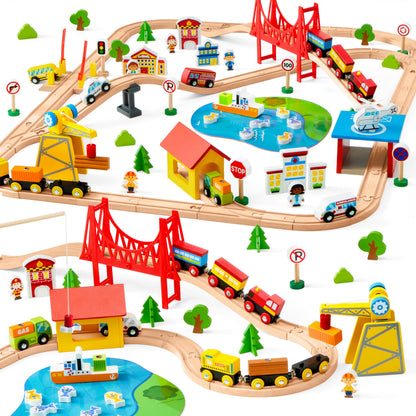 110PCS Wooden Train Set - Toy Magnetic Trains with Wooden Track Set for Kids Ages 3-8, City Scene Railway Set, Perfect Easter Birthday Gift