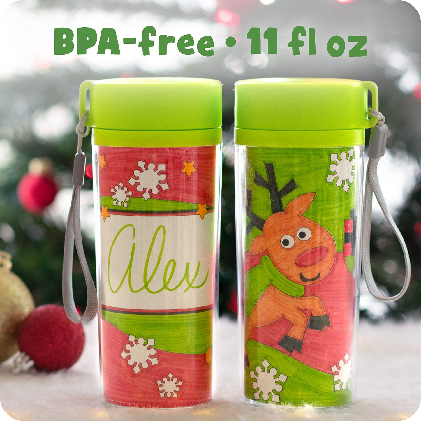 READY 2 LEARN Christmas Crafts - Design Your Own Travel Mugs - 2 Count (Pack of 1)- Christmas Crafts for Kids - Reusable 11 oz Water Bottles - BPA