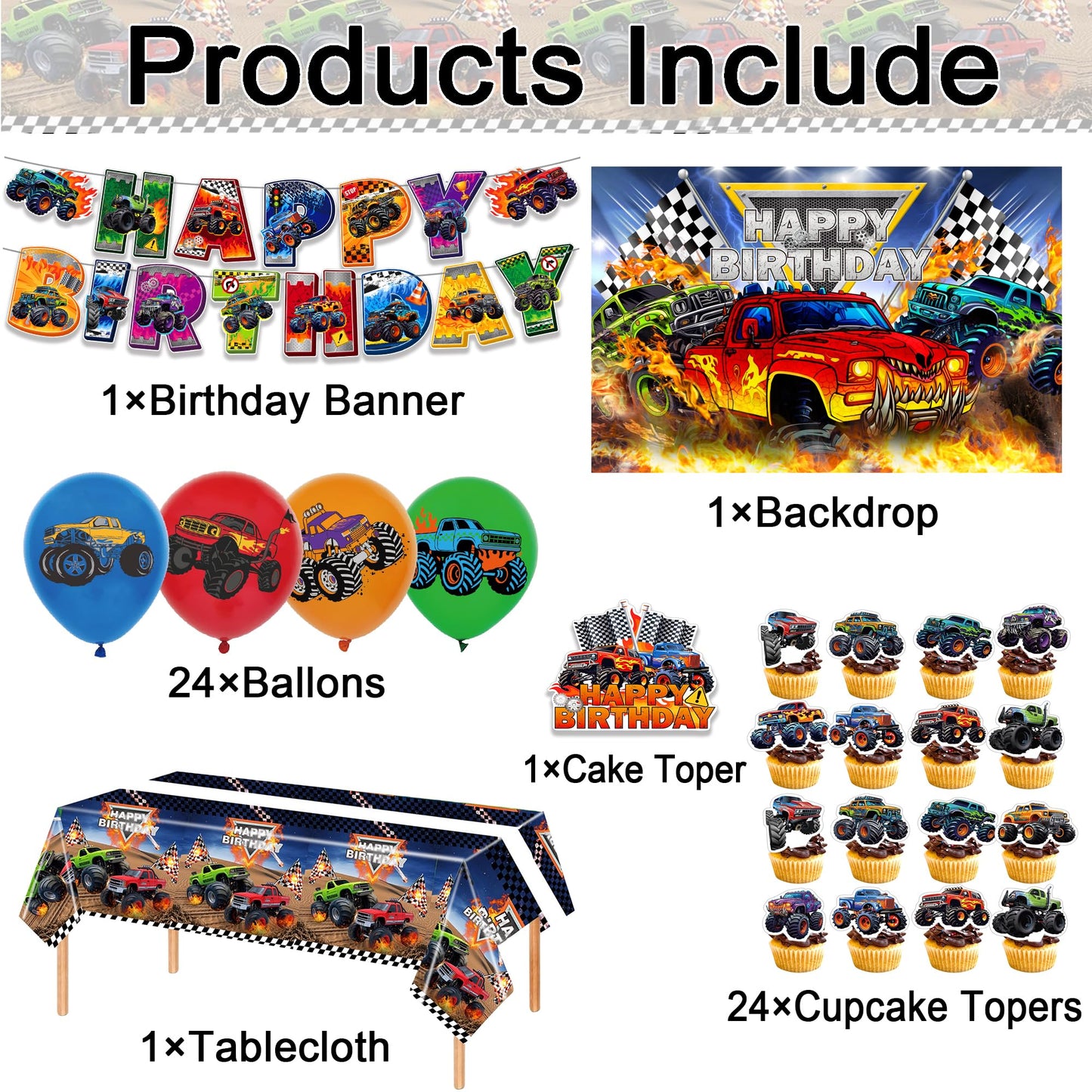 52Pcs Monster Truck Birthday Decorations, Party Supplies for Monster Truck